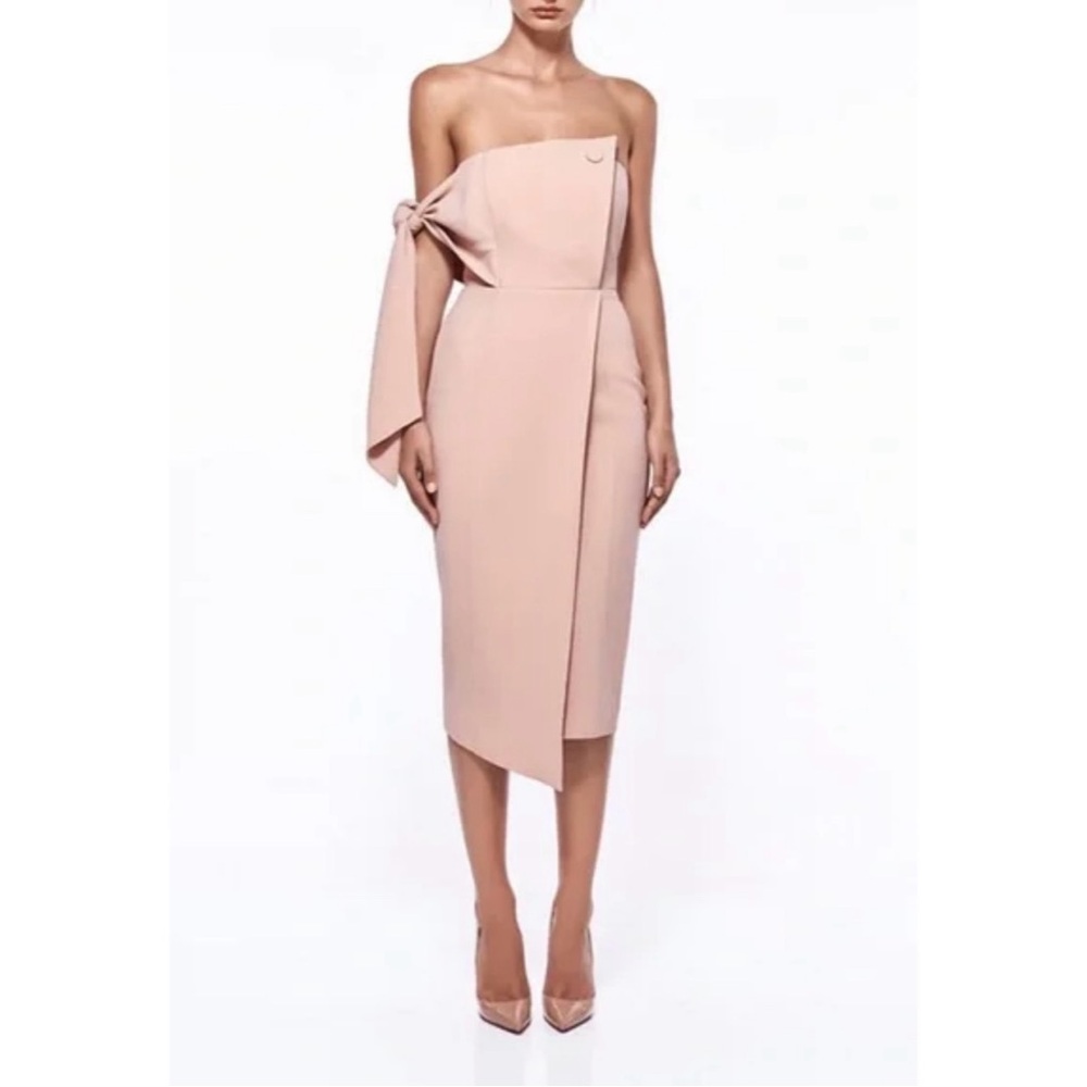 Misha Collection Structured Bandeau Pencil Midi Dress Size 2/ 4 Tie Detail Blush
